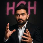 Hassan Ghalebsaz, owner of HGH International Team, in a black business suit with hands raised in discussion pose, standing against a dark background with pink-purple HGH graffiti text