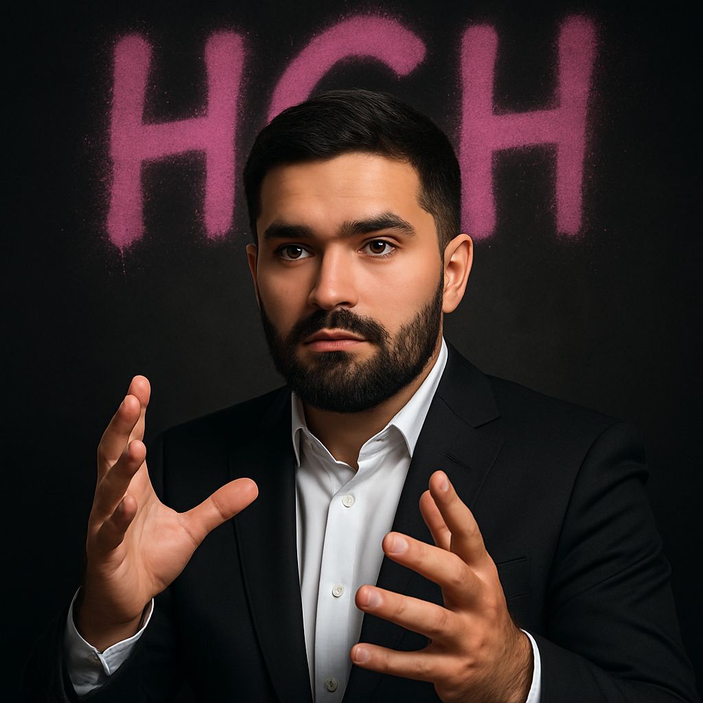 Hassan Ghalebsaz, owner of HGH International Team, in a black business suit with hands raised in discussion pose, standing against a dark background with pink-purple HGH graffiti text
