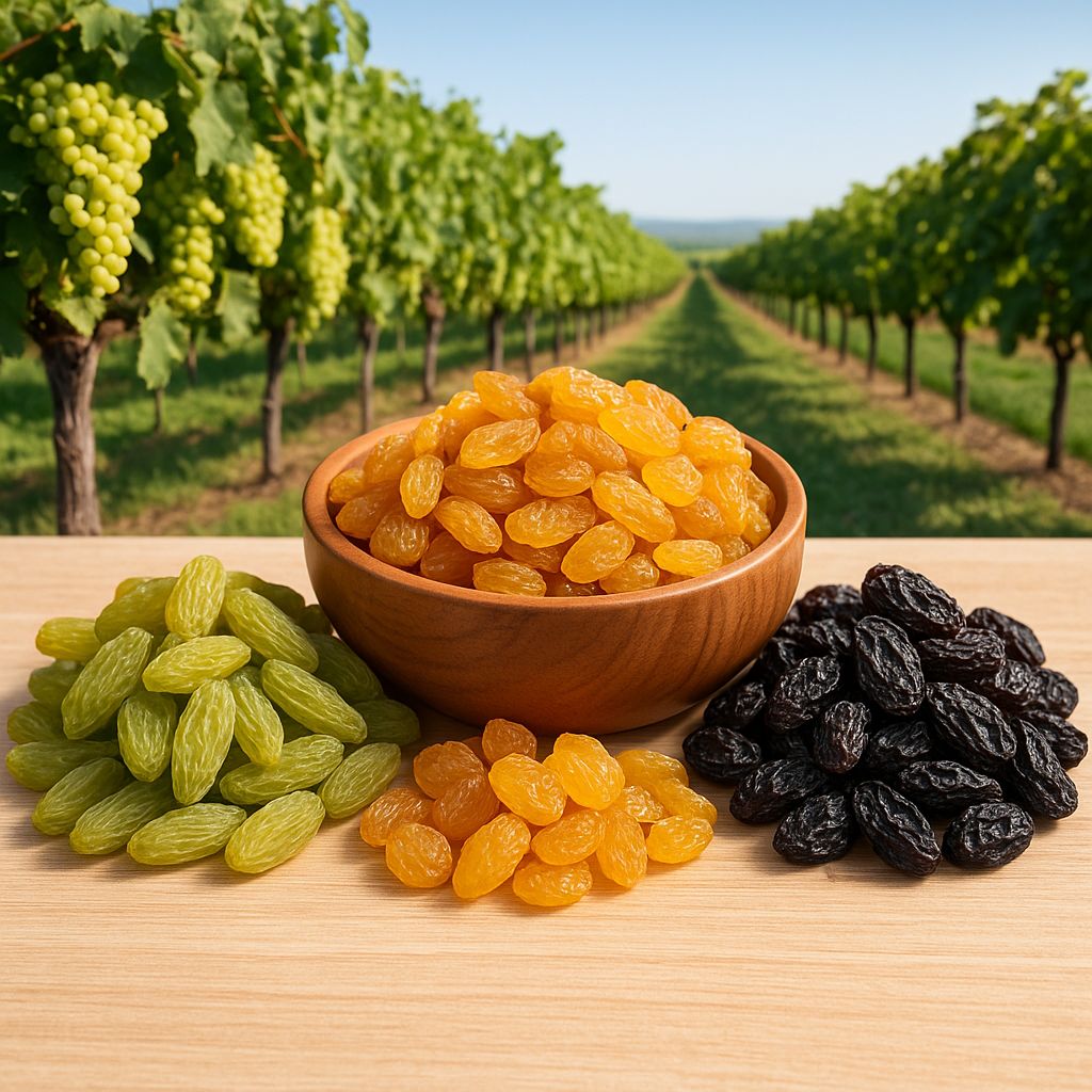 Alt text: High-quality Iranian raisins varieties including golden, sultana, and sun-dried displayed with vineyard background for UAE food market export
