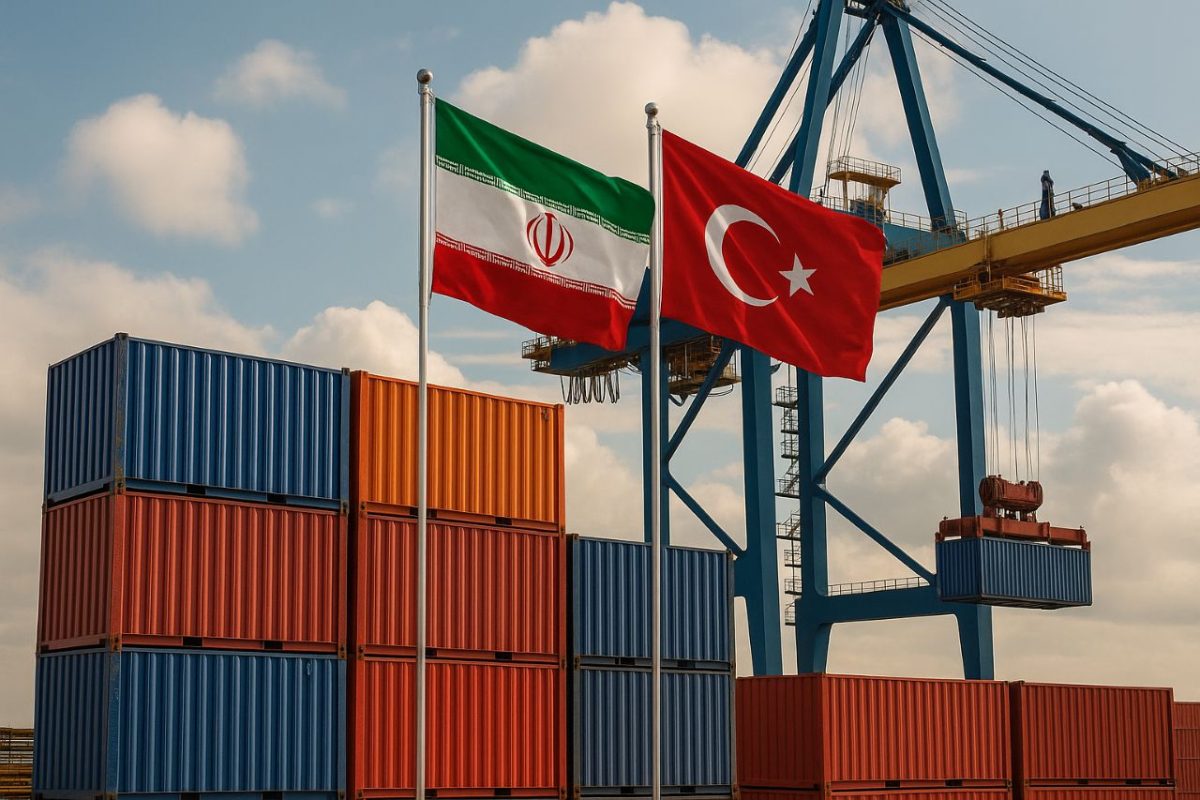 Flags of Iran and Turkey flying side by side at a busy shipping port, with stacked cargo containers and a large crane in the background representing international trade.
