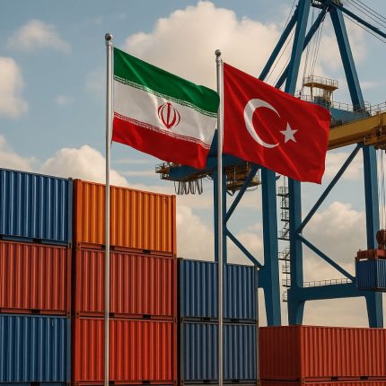 Flags of Iran and Turkey flying side by side at a busy shipping port, with stacked cargo containers and a large crane in the background representing international trade.