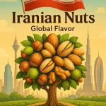 Flourishing tree full of Iranian nuts and dried fruits with the Iranian flag, set against Dubai skyline featuring Burj Khalifa, symbolizing Iran–UAE trade and export market.
