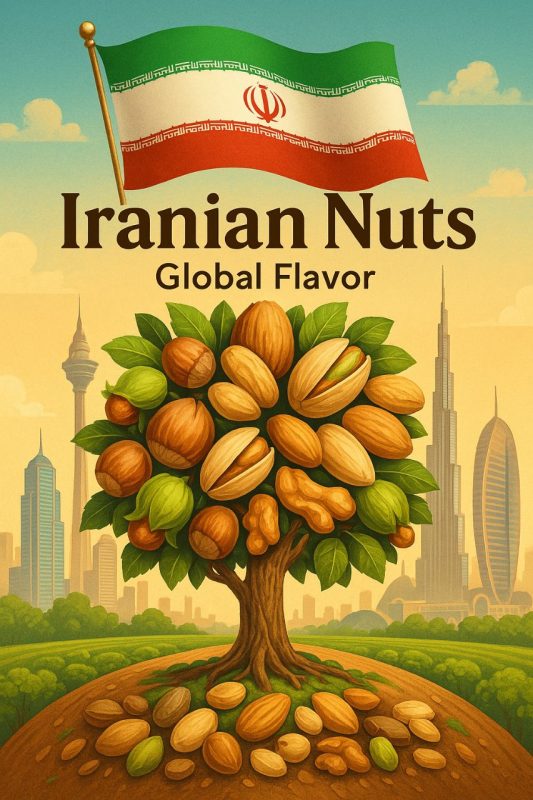 Flourishing tree full of Iranian nuts and dried fruits with the Iranian flag, set against Dubai skyline featuring Burj Khalifa, symbolizing Iran–UAE trade and export market.